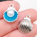 Blue enamel shell pendant with white pearl inlay and silver-tone metal back detail - Lake Blue Pearl Shell