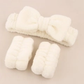 Plush off-white spa set featuring a bow headband and wristbands for facial washing - Off-white 3-piece Set (wristbands Have 3 Hand-stitched Seams)