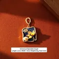 Vintage style square pendant with golden lotus, blue enamel, and 5mm pearl on orange leather - Dark Blue and Beige Lotus Cloud Pattern Style