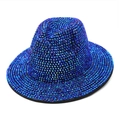 Close-up of sparkling blue rhinestones hand-set on a vintage black wool jazz fedora hat - M (56-58cm) / Electric Blue