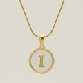 18K gold snake chain necklace with round white shell pendant featuring the letter I - Letter I
