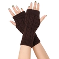 Detail of dark brown cable-knit arm warmers showing thick braided texture and ribbed cuff - One Size / Coffee