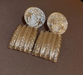 Vintage golden earrings featuring dolphin embossed discs and vertical striped metal pendants - Vintage Round Embossed Rectangular Striped Pendant Style / Gold (Silver Earring Post)