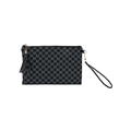 Schwarze Clutch mit grauem M-Monogramm, seitlicher Quaste und praktischer Handschlaufe - Dunkelblaues M-Monogramm