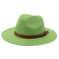 Detailed view of lime green straw sun hat with brown suede band and gold buckle - M (56-58cm) / Fruit Green