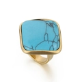 Square blue turquoise signet ring with gold plated stainless steel band on white background - US 7 / Blue (KR104236-WGKL)