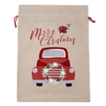 Christmas burlap drawstring gift bag with vintage red truck print and Merry Christmas text - Car Gift Bag