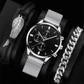 Detail shot of men's chronograph watch with silver Milanese band and bracelet set - Black 657-2