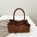 Retro dark brown matte suede large tote bag with gold buckle for women - Frosted Brown