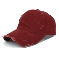 Close-up of distressed vintage maroon cotton baseball cap with ripped details on the brim - Adjustable / Burgundy