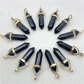 Macro detail of hexagonal natural stone pendants with gold metal settings and unique patterns - Black Turquoise / Pendant Only (Without Chain)