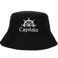 Black cotton bucket hat with white Captain anchor embroidery on white background - Adjustable / Black Captain
