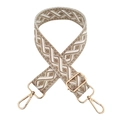 Detailed view of beige and white geometric woven bag strap with gold metal lobster clasps - Beige/Khaki White Geometric
