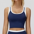 Women's two-piece sports crop top in navy blue with white trim and layered design - S / Navy Blue