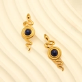 Vintage gold snake earrings featuring a central blue gemstone and artistic coiled metal - EHF057 Snake with Inlaid Bead