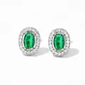 Elegant emerald-cut green zircon earrings with a halo of white stones in silver finish - Silver Oval Emerald Style (PDE1081)