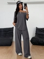 Women's dark gray two-piece lounge set with off-shoulder top and wide-leg sweatpants - S / Dark Gray
