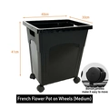 Medium black plastic flower bucket with wheels and side handles for floral display - French-style Tub (medium) With Wheels; Flower Pot
