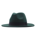 Classic dark green felt fedora hat with wide brim and black decorative band detail - M (56-58cm) / Dark Green