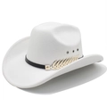 Detail of white felt western cowboy hat with black band and golden feather buckle ornament - M (56-58cm) / White