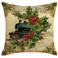 Vintage Christmas pillow cover featuring a green steam locomotive and holly branch patterns - YMD511-24 (Train & Holly)