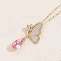 Golden butterfly necklace with shell wings and water-drop pink crystal pendant - Shell Butterfly
