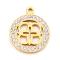 Colgante de trébol dorado de acero inoxidable con pedrería brillante sobre fondo blanco - Estilo Redondo Hueco (KLJ6041-Z) / Dorado