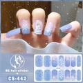 Detail of Christmas gel nail wraps with blue gradient, white snowflakes, and tree patterns - CS442