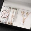 Women's rose gold watch and jewelry gift set with white silicone strap and pearls - Pearl Rhinestone 4-Piece Set / White Set 2