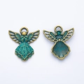 Vintage bronze angel pendant charms in zinc alloy with antique green rust finish, front and back - Antique Green