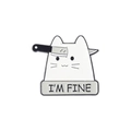 Grappige cartoon emaille speld witte kat met I'M FINE tekstbanner in zwart-wit - Xz5780