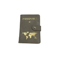 Dark gray RFID passport holder with gold airplane map print and snap closure - Small Airplane & Map Pattern / Khaki