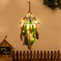 Handmade triangle dream catcher with brown feathers, green beads, and warm LED fairy lights - Green Shape with LED Lights (Triangle)