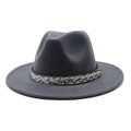 Detail of dark grey wool fedora hat featuring snake print band and gold metal studs - Dark Gray