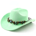 Detail of mint green suede cowboy hat with ethnic beaded band and turquoise stone - M (56-58cm) / Fruit Green