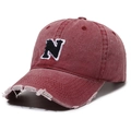 Vintage distressed baseball cap in burgundy with N patch and frayed brim style - Adjustable / Burgundy