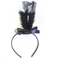 Close-up of golden glitter mini top hat headband with black feathers and a satin ribbon bow - One Size / Gold Feather