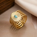 18K gold plated multi-layer镂空 ring featuring an oval turquoise stone in bohemian style - 13592-Multi-layer Hollow Oval Turquoise
