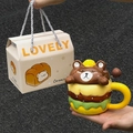 Cartoon burger ceramic mug with cute bear lid and yellow handle in a lovely gift box - Hamburger Mug + Bear Lid + Ball Spoon + Gift Box