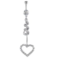 Silver heart-shaped navel ring with sparkling white cubic zirconia and dangling details - Silver Heart