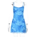 Detailed view of blue floral mesh fabric on summer mini dress with rose patterns - S / Blue