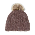 Detail of burgundy marled knit beanie featuring thick ribbed cuff and brown faux fur pompom - M (56-58cm) / Coffee