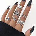 Set di 6 anelli gotici in argento vintage con motivi di funghi, serpenti e cuori - Punk Vintage Set Anelli Fungo Serpente Ragno 6 Pezzi / Argento Antico