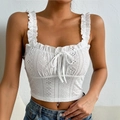 Elegant white lace cropped camisole with embroidered eyelets and ruffle straps - S / White