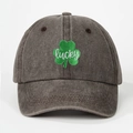 Vintage dark grey washed cotton baseball cap with green lucky clover embroidery - Coffee