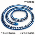Blue and silver stainless steel curb chain necklace and bracelet set for men - Matte Blue