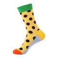 Yellow crew sock with black polka dots, green ribbed cuff, and orange toe contrast - 949