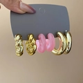 Detailed set of twisted gold metal, pink resin, and chunky hoop earrings on display - 8# Silver Pin (6-Piece Set) / Gold-Pink