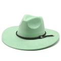 Mint green wide brim suede fedora hat with a woven rope and silver skull metal buckle - M (56-59cm) / Neon Green Suede