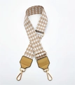 Detail of adjustable wide houndstooth bag strap with khaki PU leather and gold hardware - Khaki Houndstooth with Khaki Leather